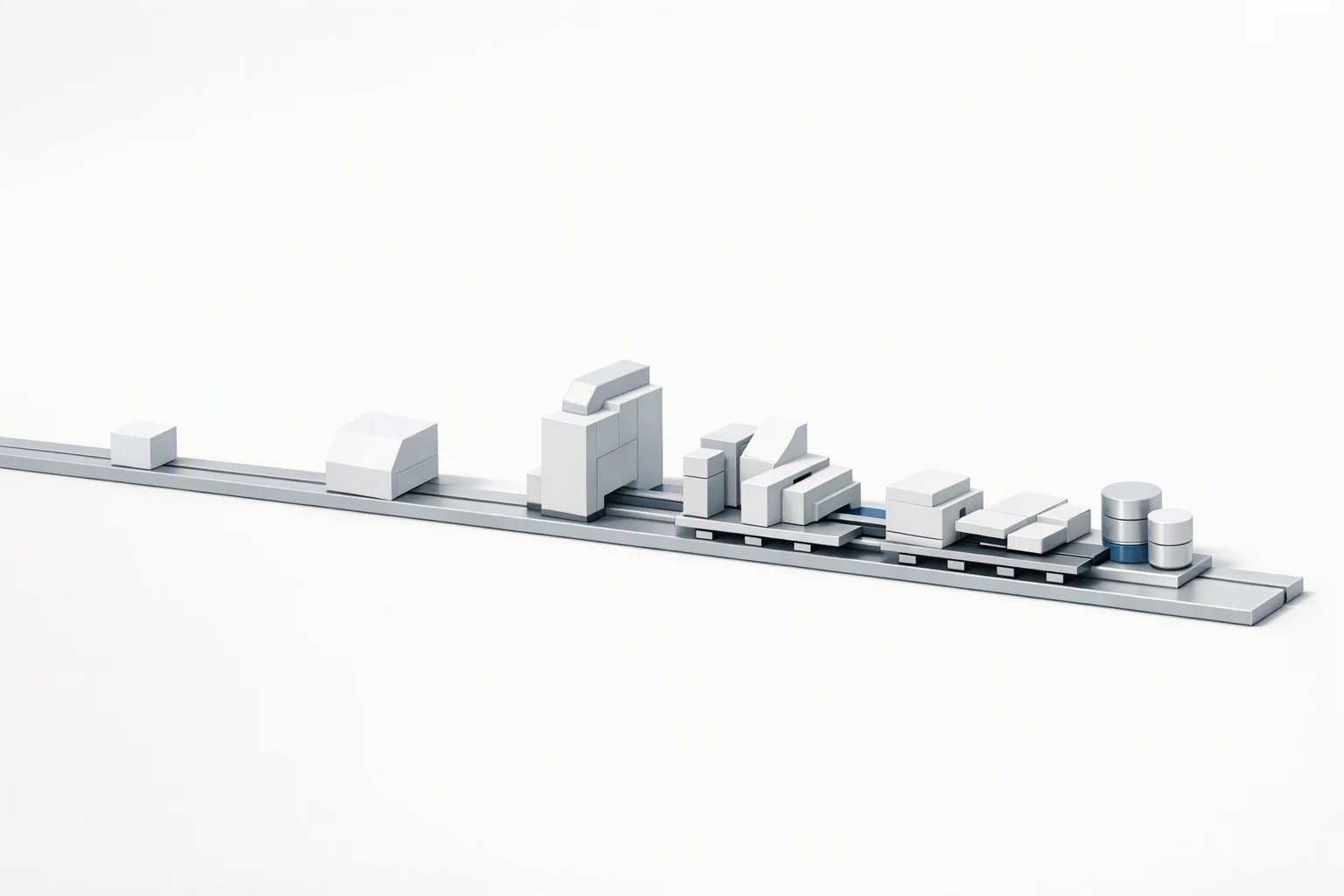 Isometric diagram of one unbroken spine running the width of the field, carrying a single plain block at its left end and gaining more articulated bodies rightwards until five unlike bodies share one common bus at its right end