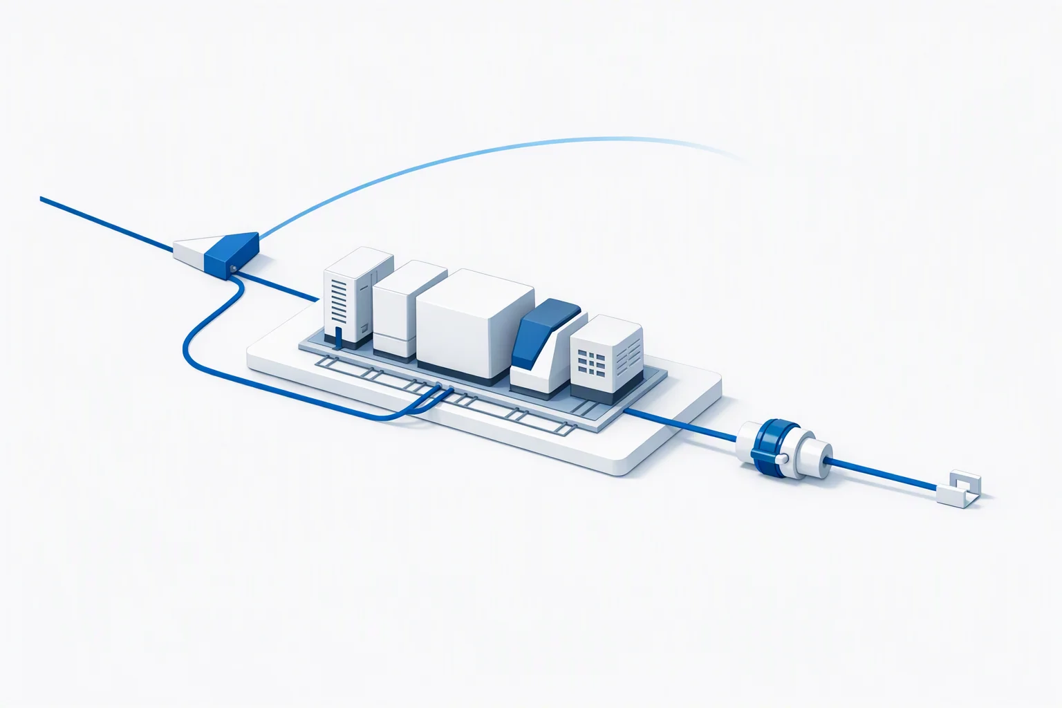 Isometric diagram of a composed engine: a splitting wedge divides an incoming line, the heavier branch passing through a housing of one large block flanked by three differently shaped seated modules and out through a locked collar, the lighter branch leaving unclamped