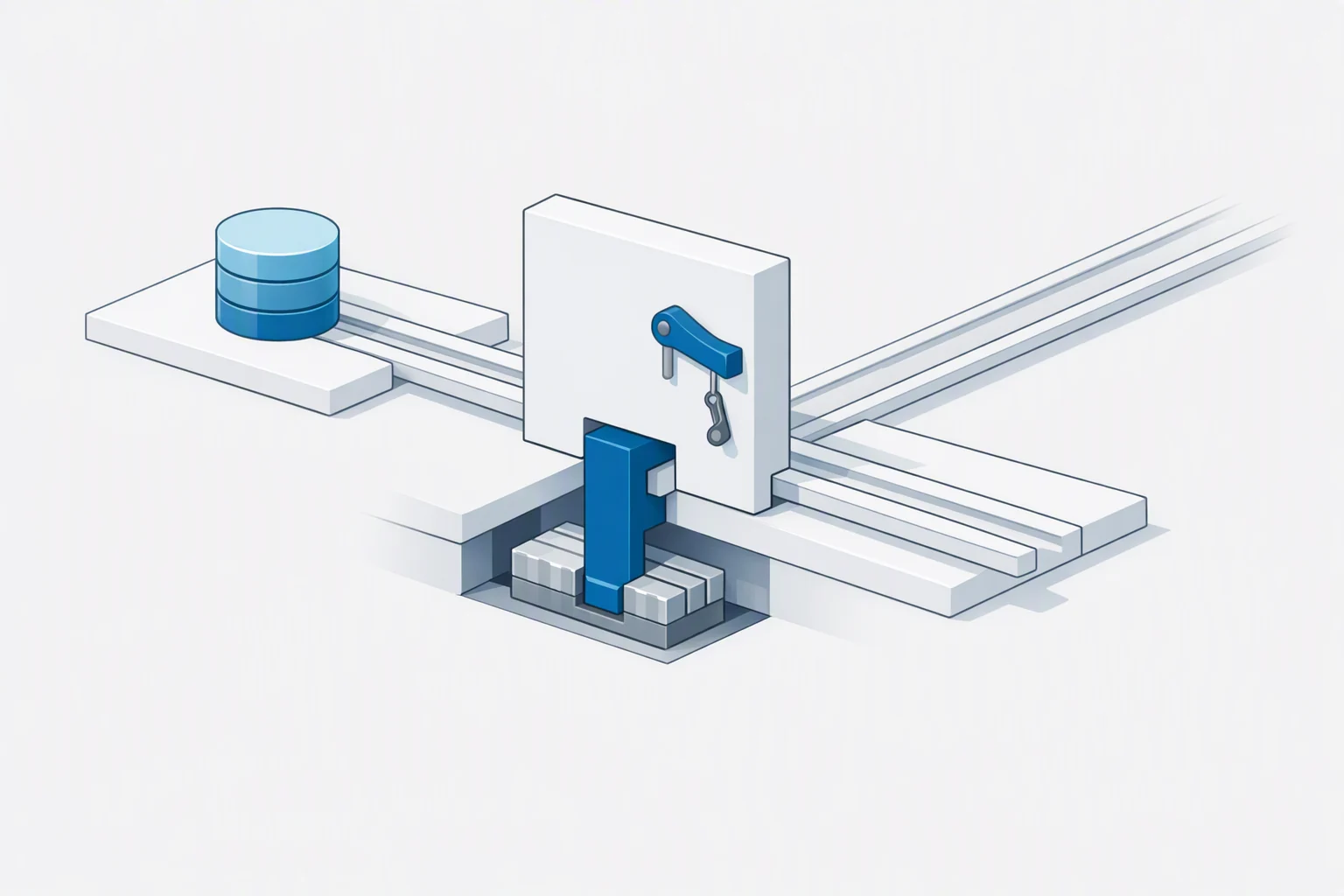 Isometric diagram of a gate whose interlock reaches down through the deck to engage an object filed in the substrate below, while the lever on the gate’s own face hangs visibly disconnected