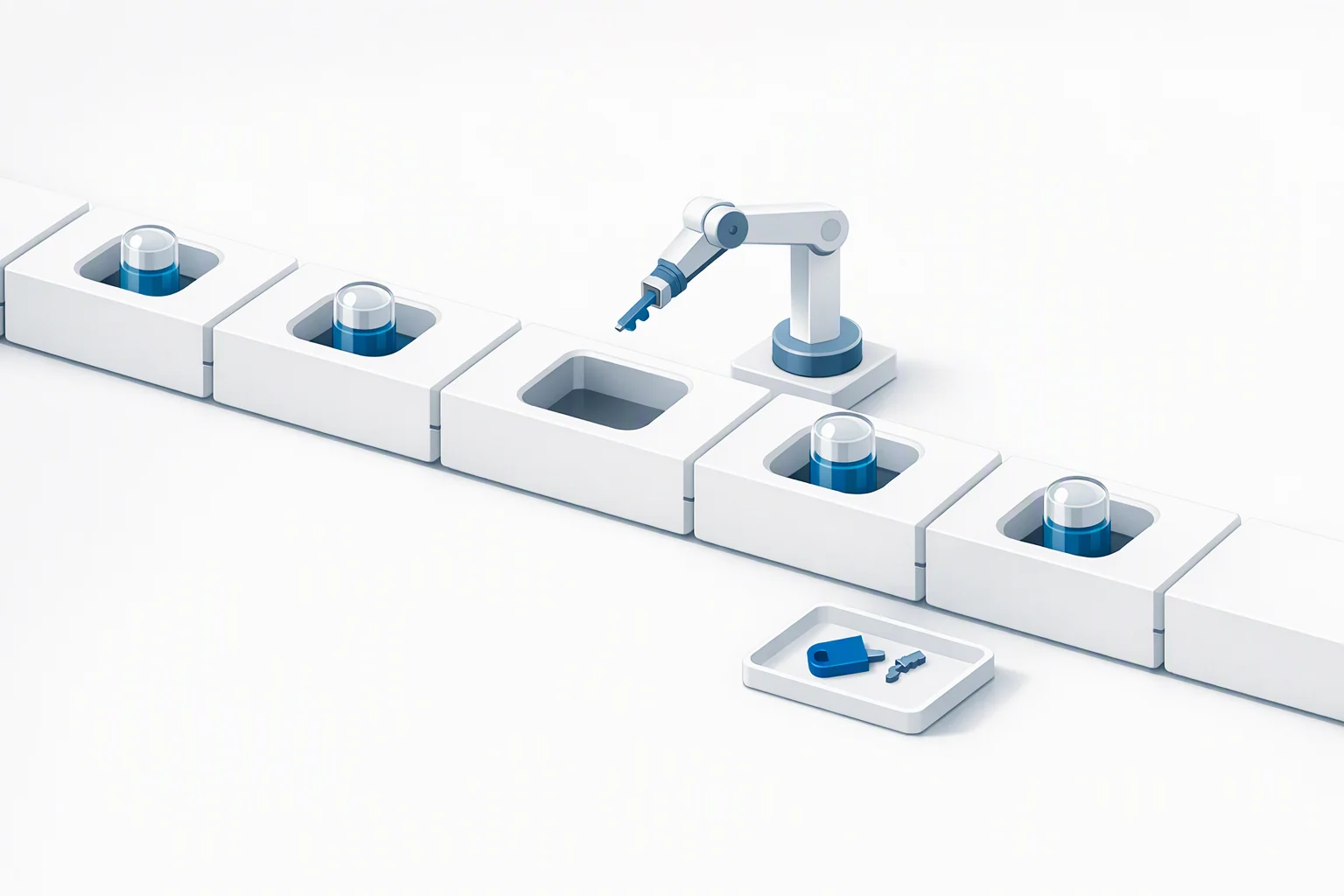 Isometric diagram of an unbroken welded chain of blocks in which one block’s sealed capsule has been hollowed after its key was withdrawn and broken, the chain either side still continuous
