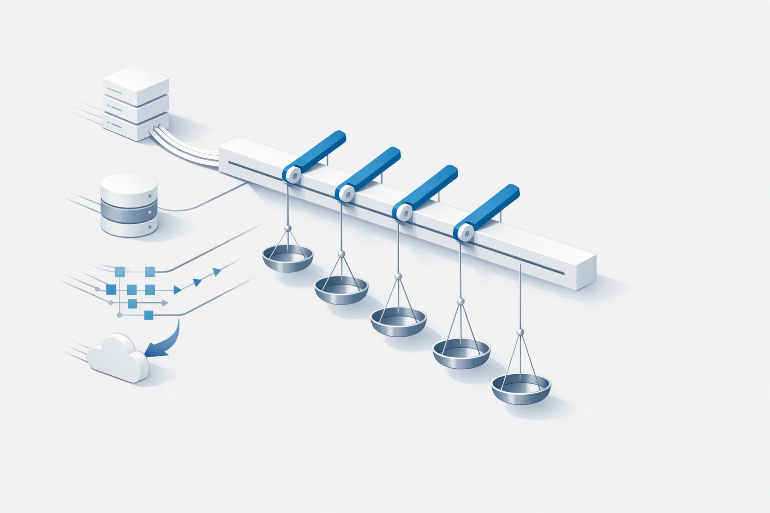 Isometric diagram of four unlike inbound channels converging on one common rail, each arrival tripping a lever that re-seats one of a suspended row of balanced pans at a new height