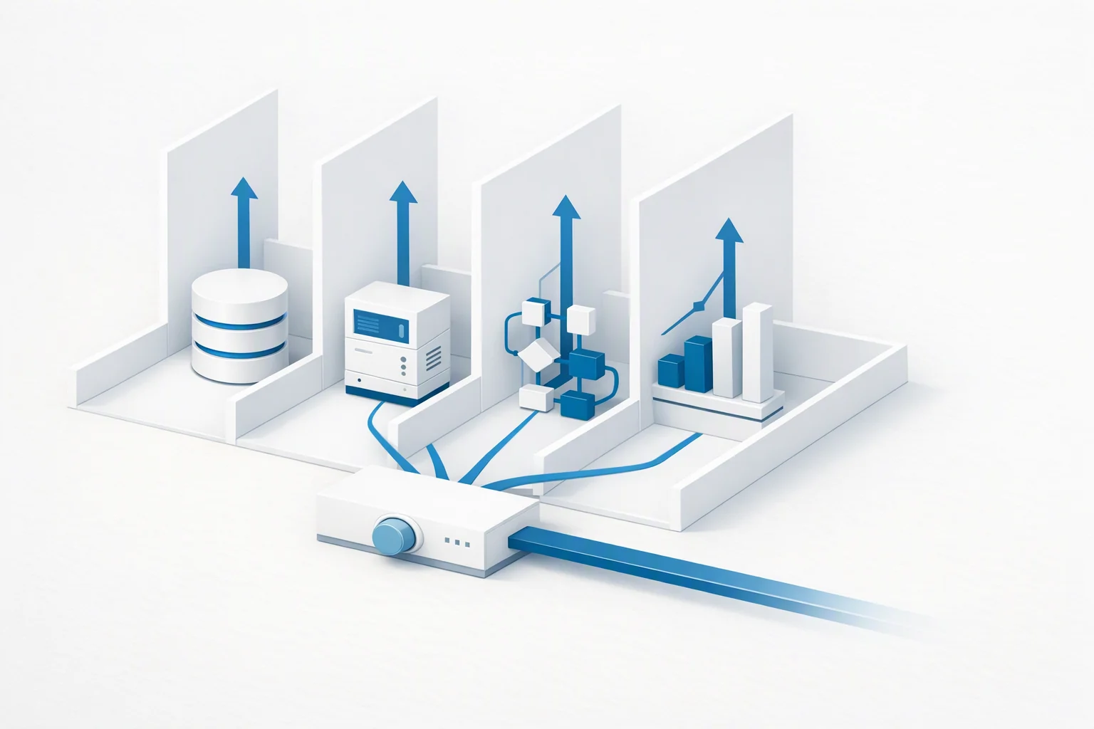 Isometric diagram of four unlike reading units in four walled lanes feeding a fifth flat composing body whose own upstream port is visibly sealed and capped