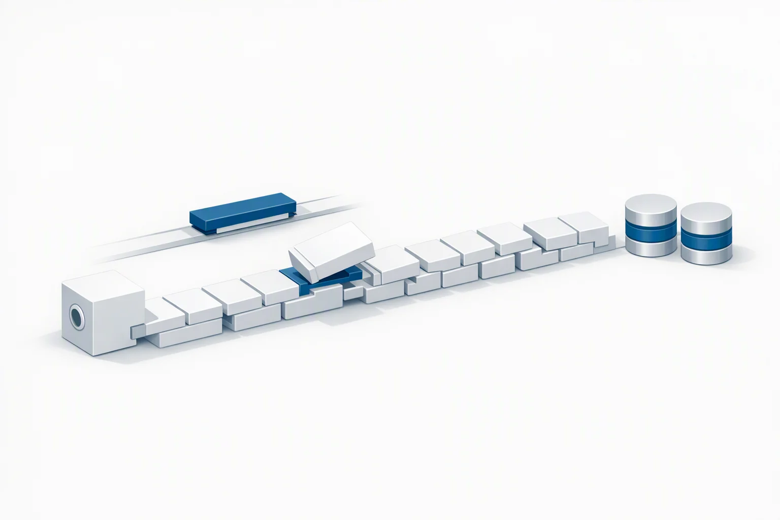 Isometric diagram of a chain of sealed blocks keyed into one another, a carriage travelling back along the chain to reproduce an identical output, and one lifted block after which every following block sits out of register