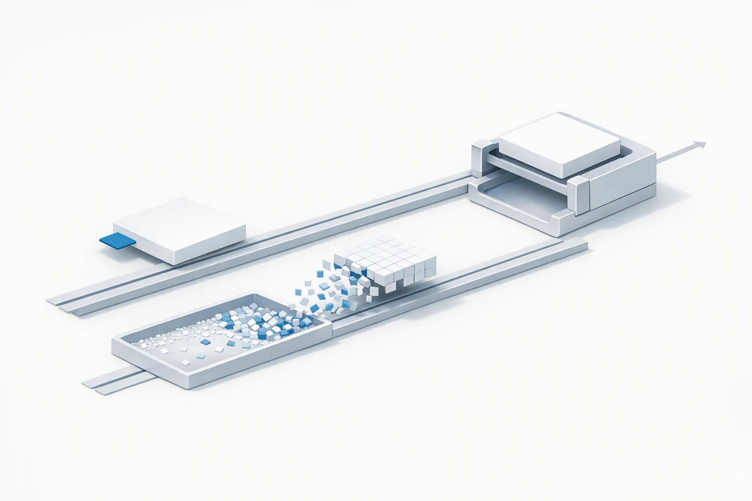 Isometric diagram of a tagged sealed tile and a tile built from a fine mesh meeting in a paired cradle that holds them side by side without merging, with the second seat left empty where the mesh bed has run bare
