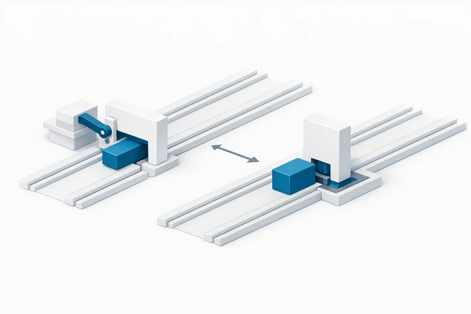 Isometric diagram of two gates: the near one held by a lever that its own feed mechanism loops back to touch, letting an element pass; the far one with no lever at all, its interlock reaching down into an object filed in the substrate, stopping the element hard