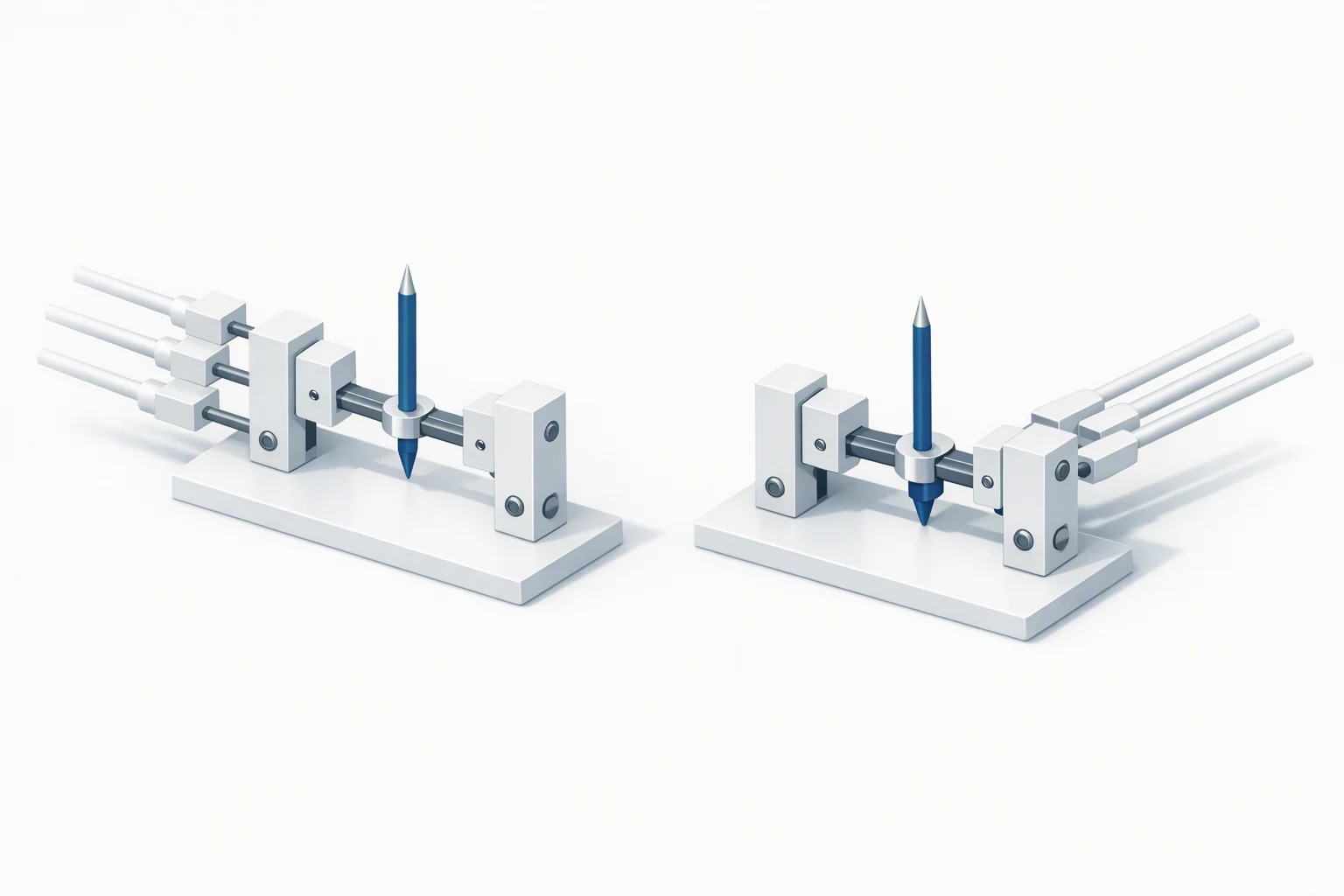 Isometric diagram of two identical measuring frames whose centre pointers stand at exactly the same height, the left one fed by widely separated arms and forced far open, the right one fed by closely bunched arms and sitting close