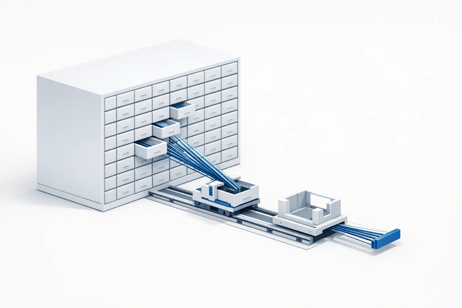 Isometric diagram of a large shelved corpus of drawers with a small reading carriage drawing filaments from specific drawers into one output form, and an empty mounting cradle where a sealed block would otherwise sit