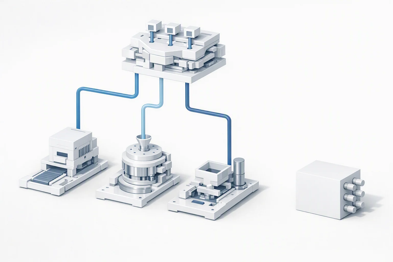 Isometric diagram of three different completed assemblies feeding a fourth mounted above them and visibly made of their parts, beside a lone sealed block whose four identical blank stubs connect to nothing