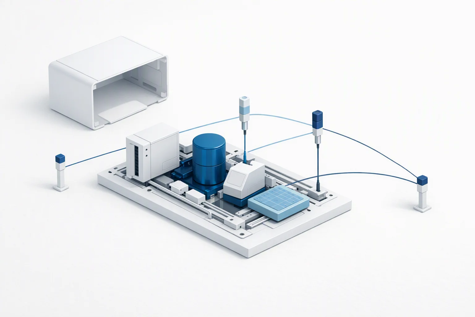 Isometric diagram of a machined assembly with its outer shell lifted clear and set aside, its differentiated inner bodies and common bus fully exposed, with slender probes docked on open rails running out to separate low reading posts