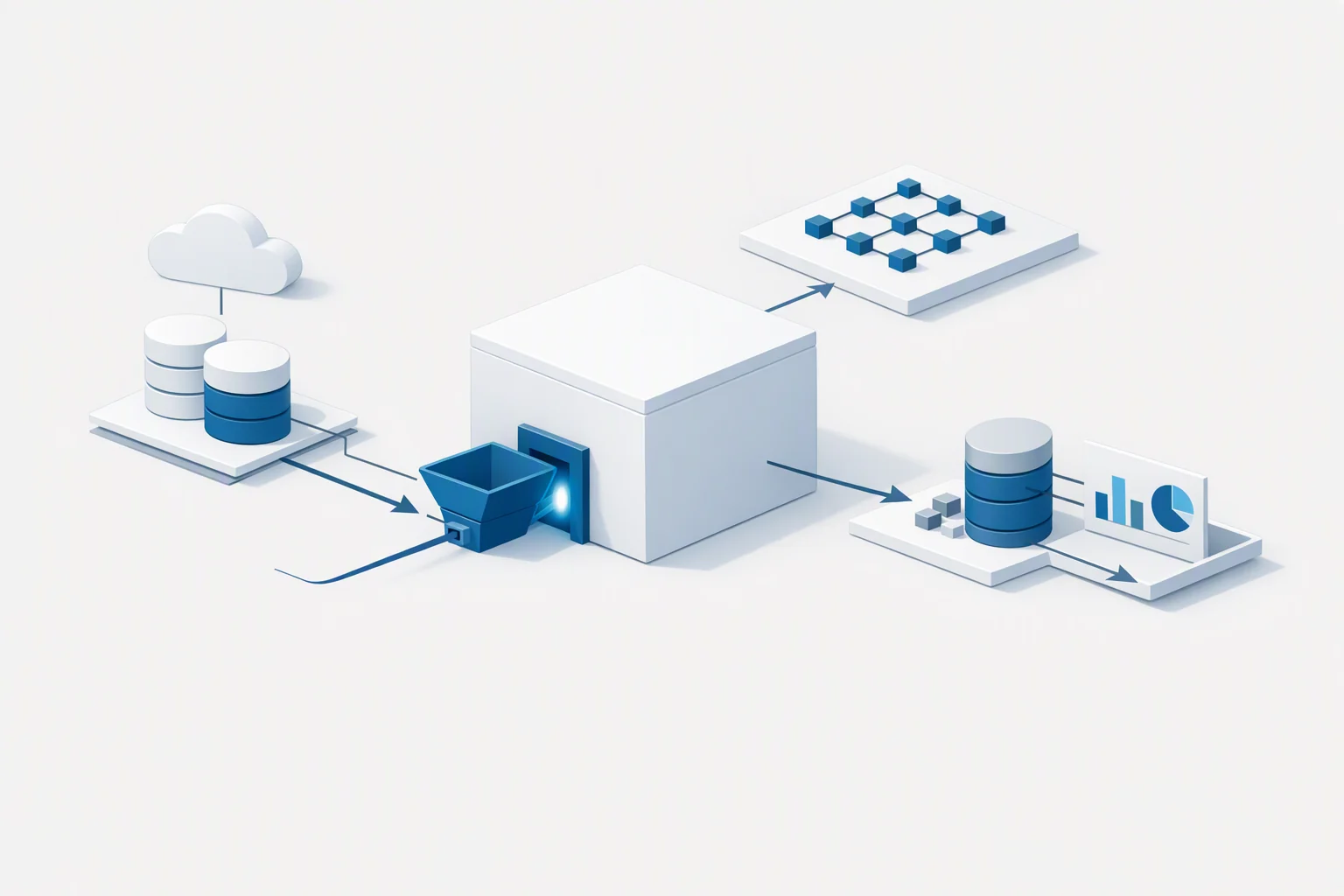 Isometric diagram: an enclosed processing core reachable only through one gated aperture, every other face solid