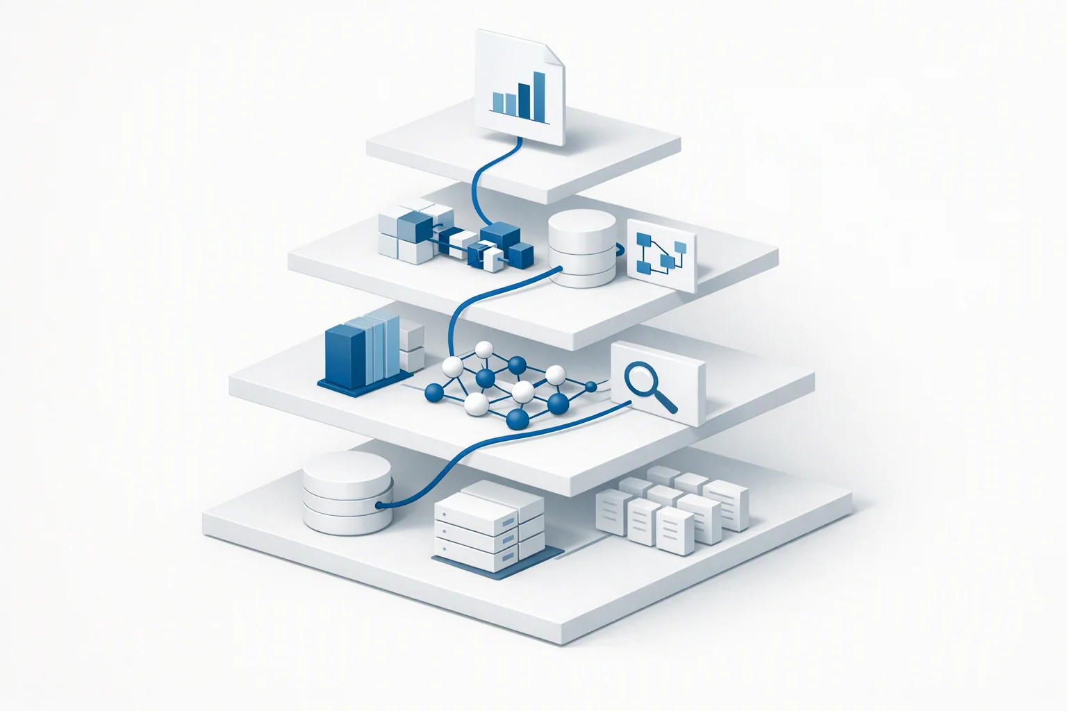 Isometric cross-section: a source layer, retrieval manifold and reasoning tier with one line traced from a specific source to the emitted output