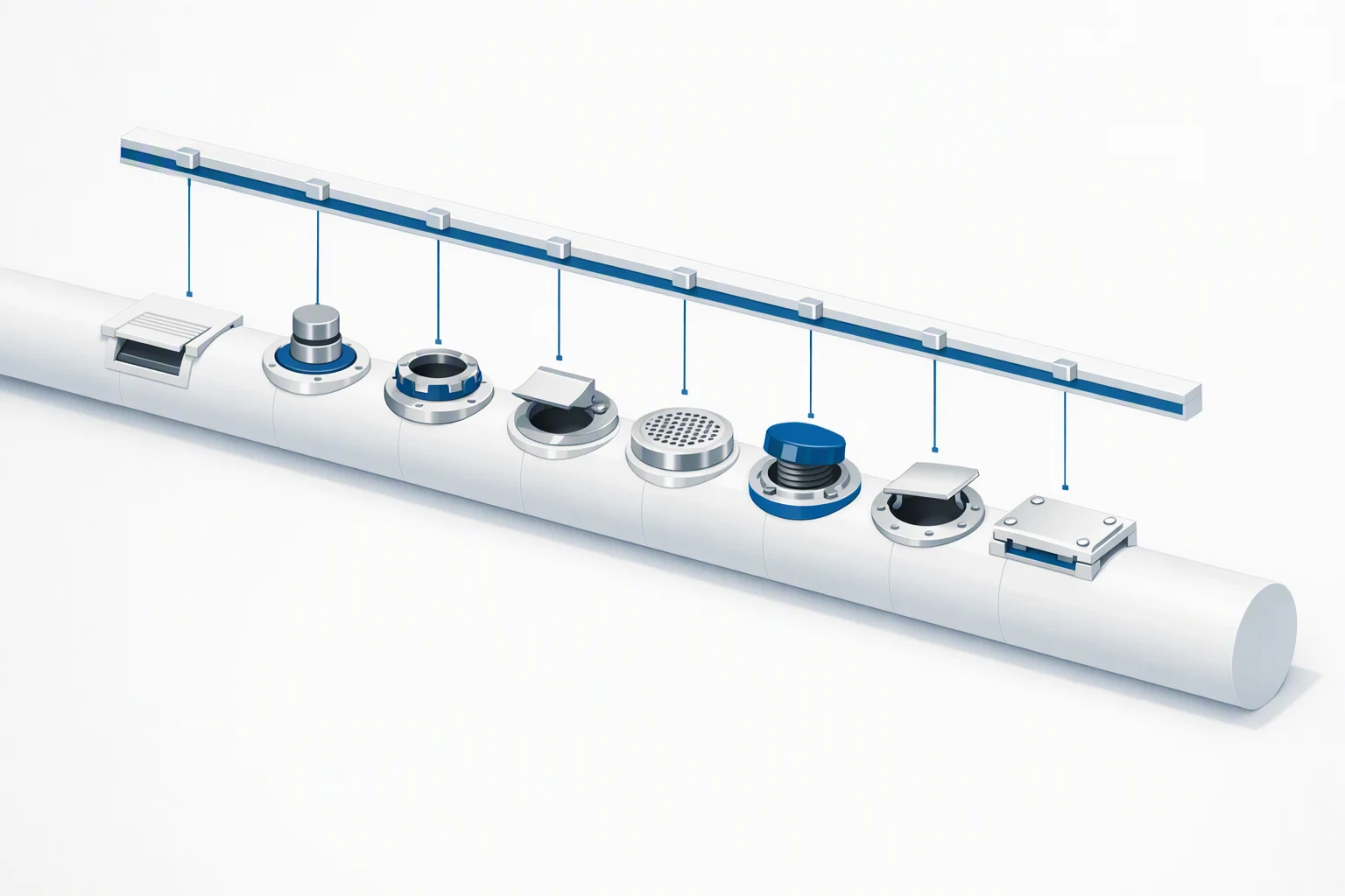 Isometric diagram of one enclosed spine with eight unlike inspection ports along its length, each with its own probe line rising to a common overhead reading rail