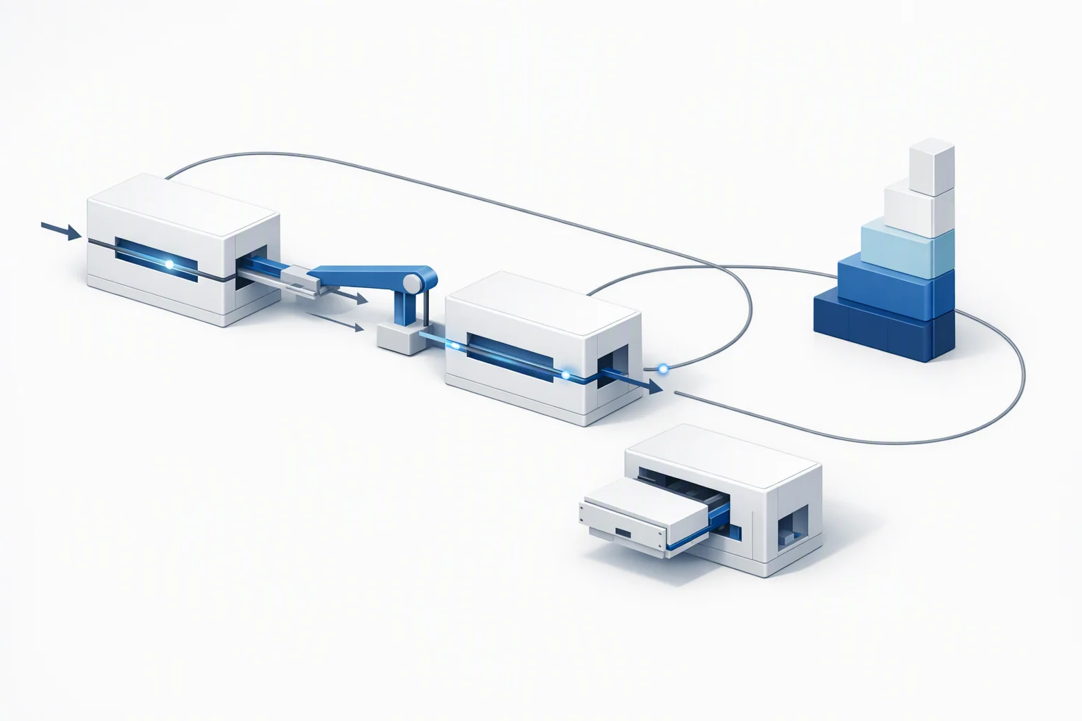Isometric diagram of a flowing primary housing and a charged standby housing joined by a weighted transfer bridge, with a monitoring loop returning from downstream and a replacement module sliding in on rails while the line keeps running