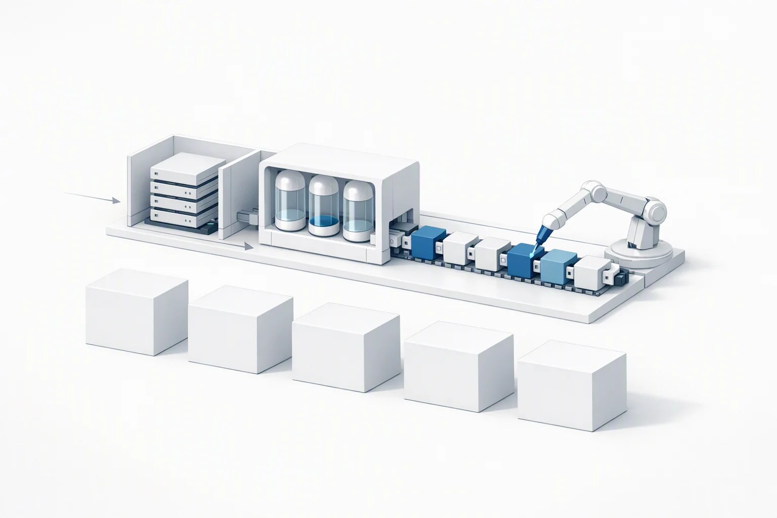 Isometric diagram of a row of bare empty display plinths in front of an open working mechanism whose interior dividers, sealed bay and keyed chain are visible, with an inspection probe resting on the running mechanism rather than on the plinths