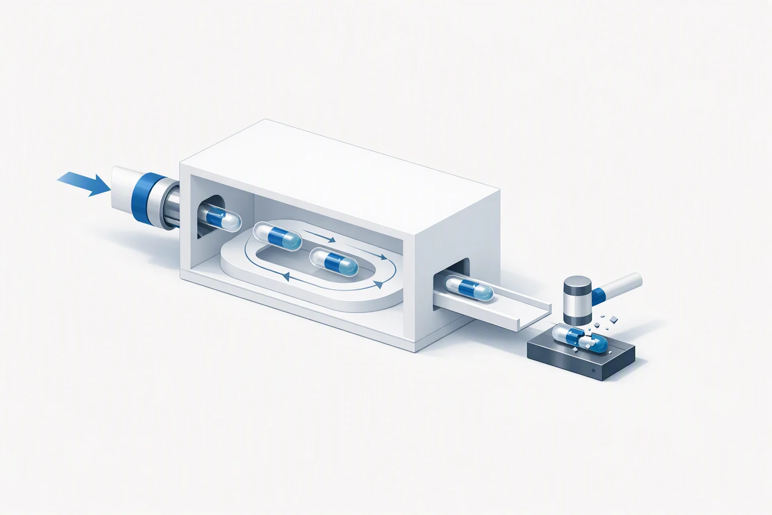 Isometric diagram of a bounded enclosure with one declared inlet and one declared outlet, in which each incoming item is sealed into its own capsule on arrival, and a separate chute ending at an anvil where a key is struck apart