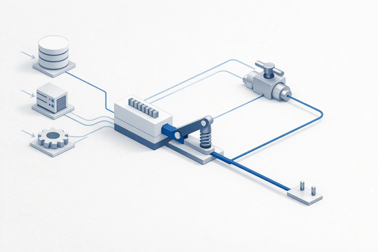 Isometric diagram of telemetry lines gathering into one manifold that drives a sprung trip arm, which both closes a sectioning valve on one branch and sends a second line out past the boundary of the assembly