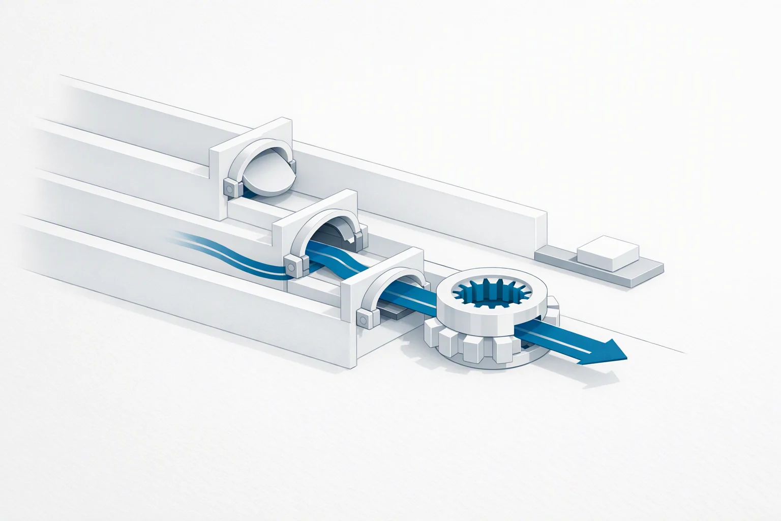 Isometric diagram of parallel sealed channels divided by walls whose cross-passage valves rest fully shut under their own weight, with flow in one channel only and a keyed collar admitting a matching toothed form and turning away a plain one