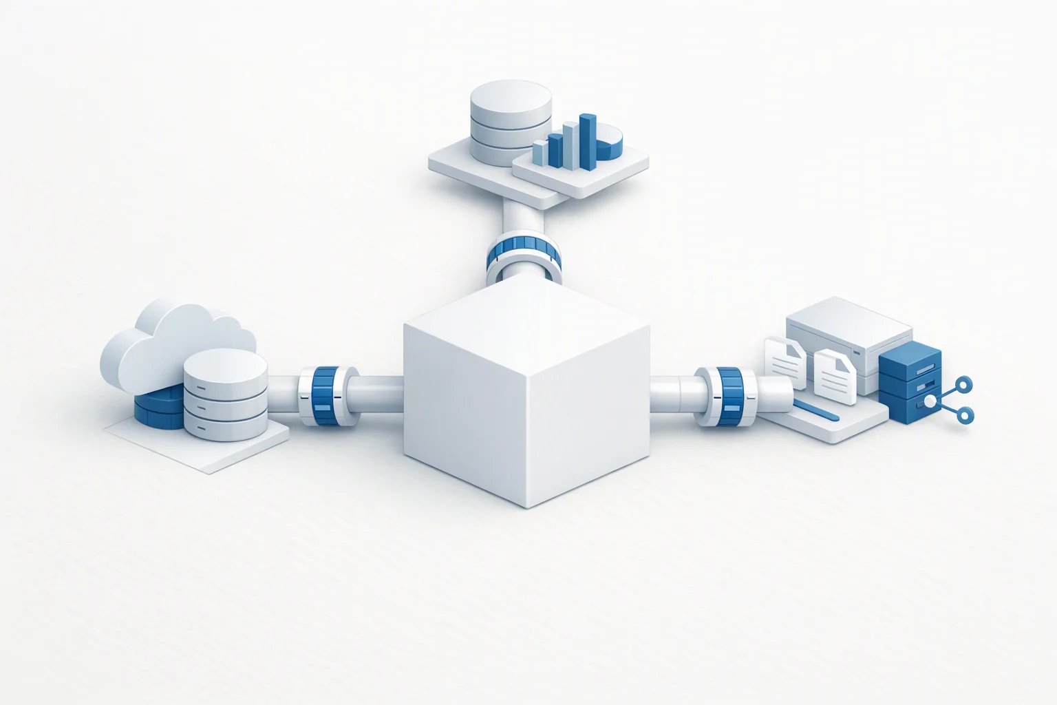 Isometric diagram of one central housing joined to three unlike external modules by three declared trunks, each passing through its own metered collar, with every other face of the housing solid and unbroken