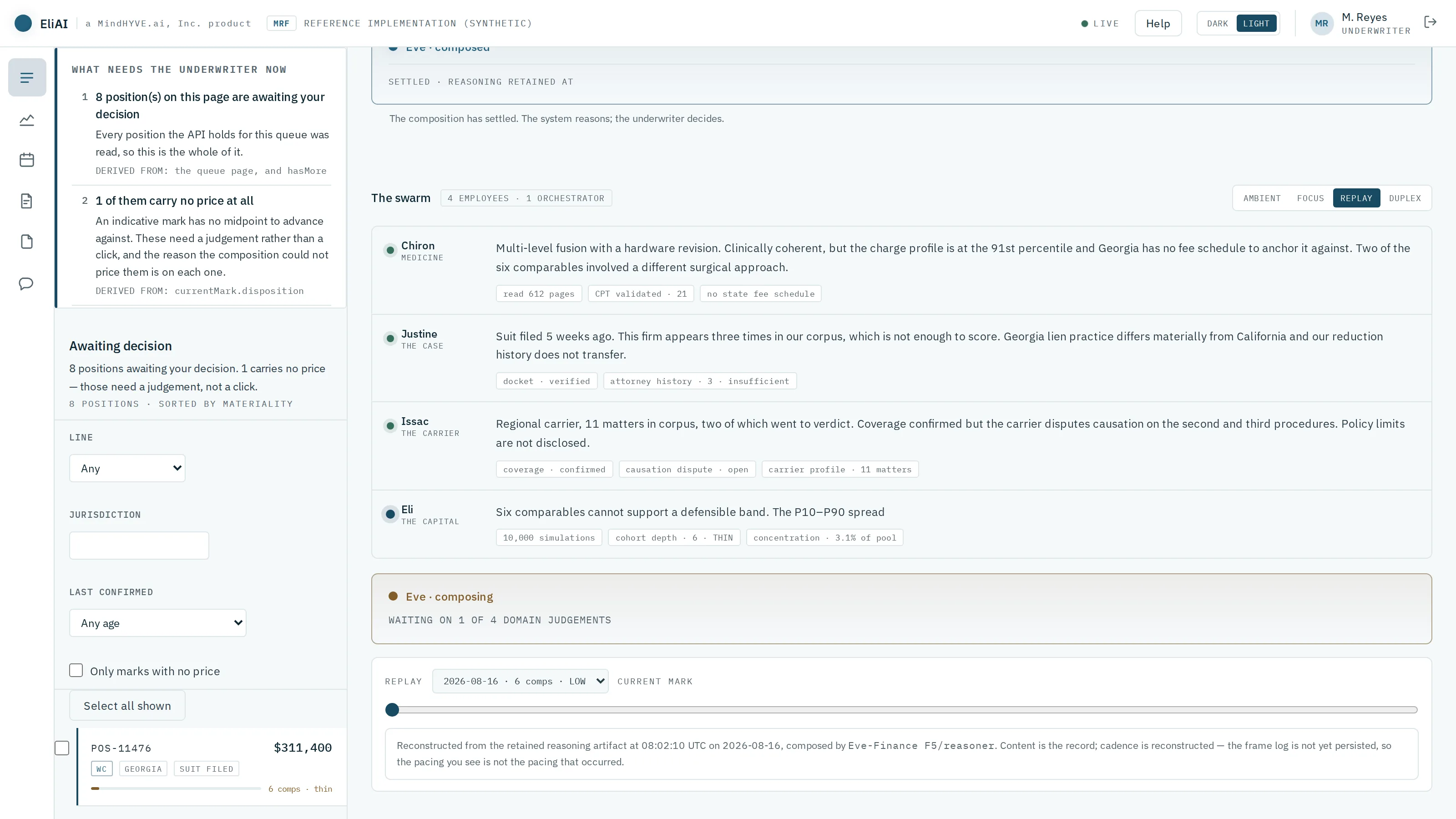 The same reasoning run replayed from a recorded trace, each specialist showing the retrievals it made: pages read, docket verified, carrier profile, simulation count and cohort depth.